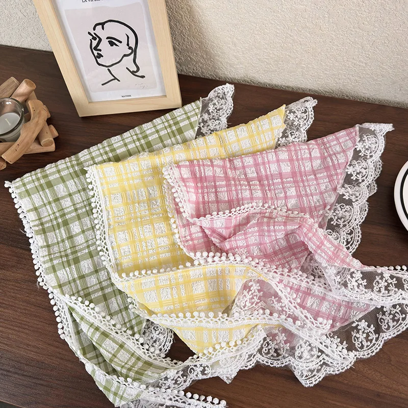 Lace Triangle Hair Scarf for Women Plaid Silk Ribbon Headscarf Girls French Headbands Pastoral Retro Bandana Summer Accersories