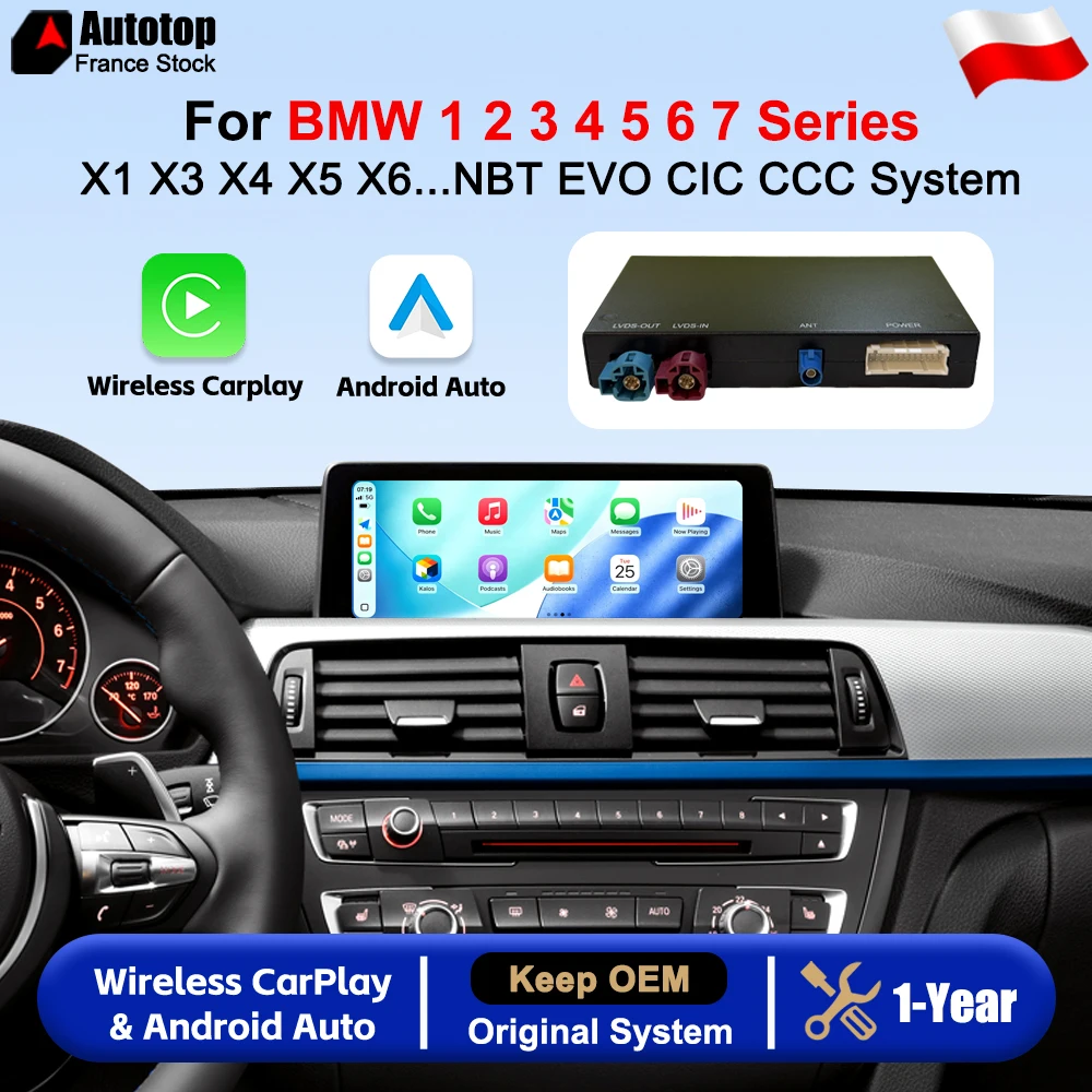 AUTOTOP – bezprzewodowy system CarPlay i Android Auto do samochodów BMW serii 1, 2, 3, 4, 5, 6, 7, X1, X3, X4, X5, X6 (modele F20, F30, E60, E90, F45, F25, E84, F10), MINI GT... Ulepszony system NBT,