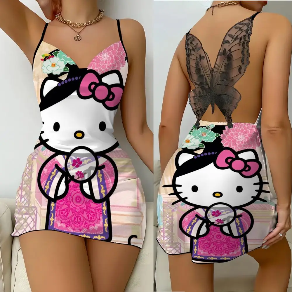 Mickey Kitty backless dress for summer 2024, women's elegant satin presenting Disney style