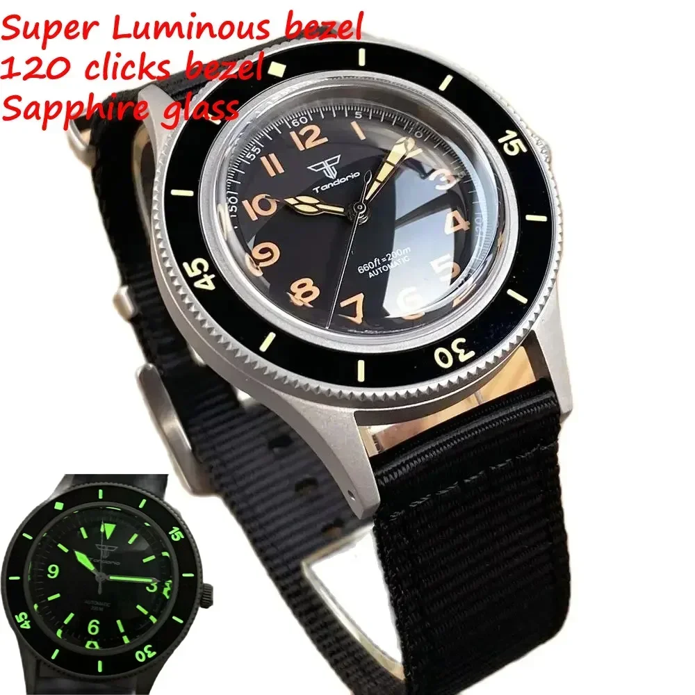 Tandorio 40Mm Retro 50-Vadem Eenvoudige Zwarte Wijzerplaat Nh35a Pt5000 Uurwerk Saffier Automatische Lichtgevende Mannen Horloge 200M Waterdicht