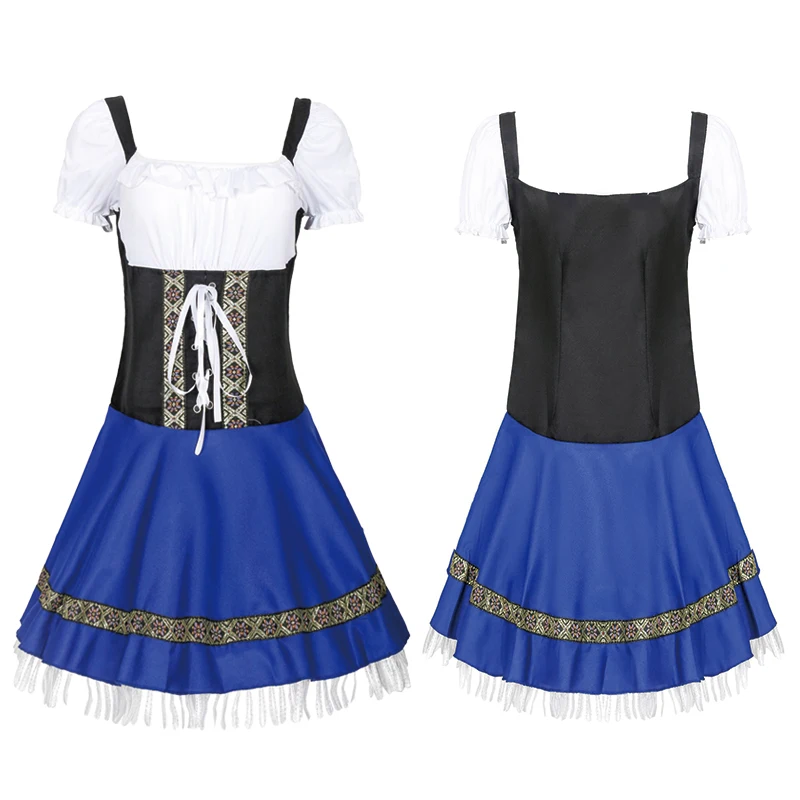 German Beer Dirndl Dress Apron Set For Women's Bavarian Oktoberfest Babe Bar Maid Cosplay Carnival Plaid Dress