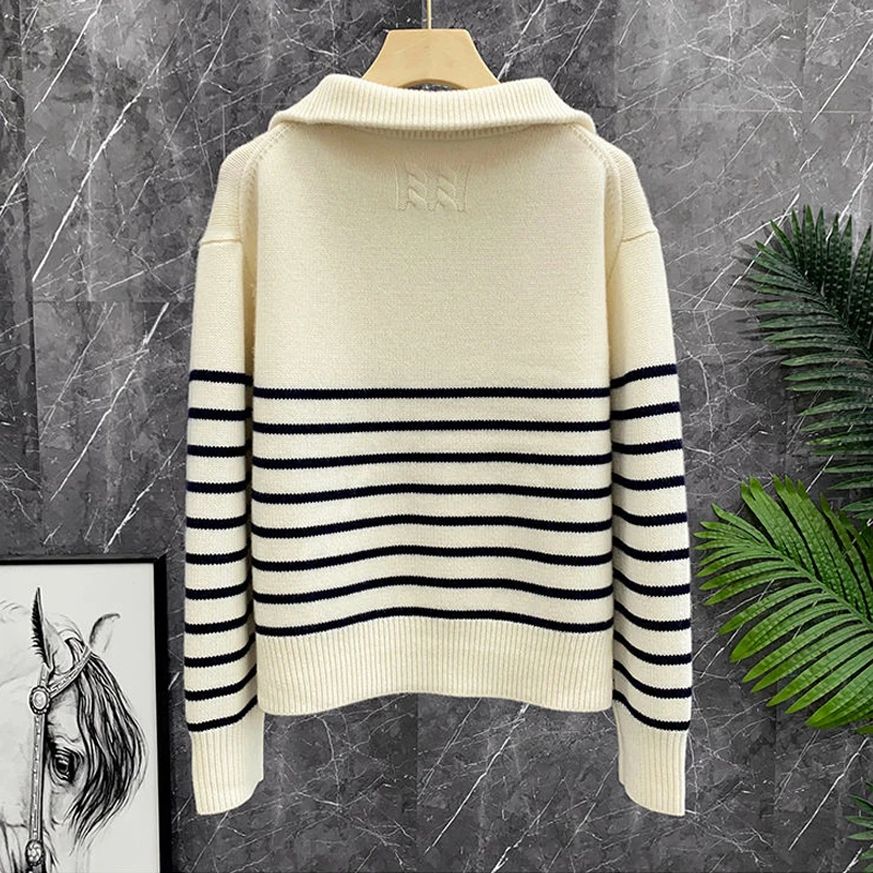 Women Vintage Classic Striped Half Zipper Stand Collar Knitted Sweater Fall Winter Long Sleeve Loose Pullover Tops Casual Jumper