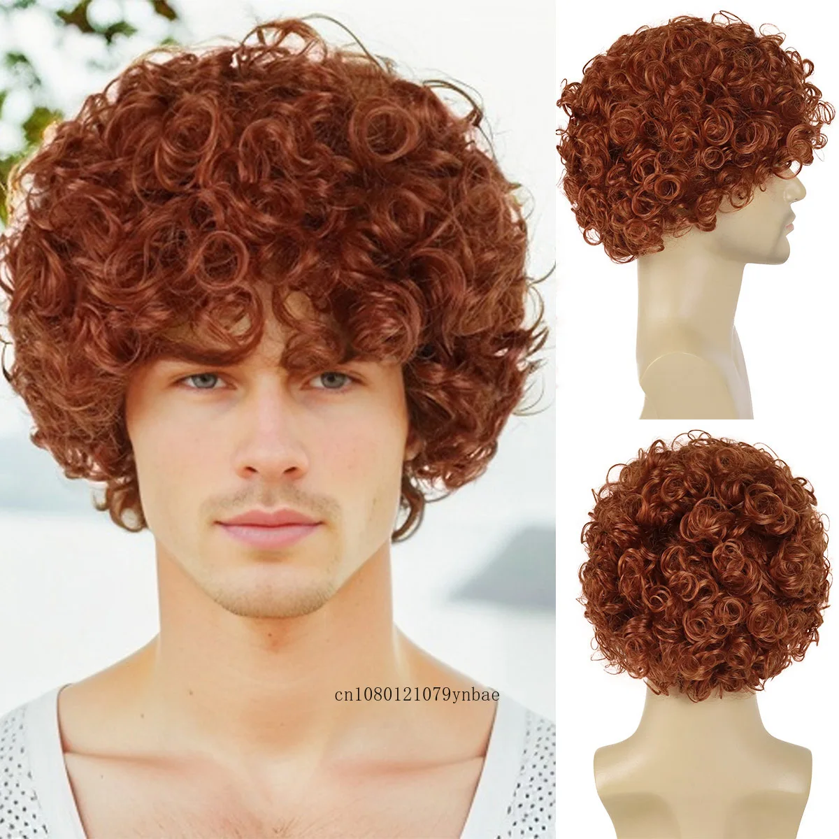 Pelucas Afro rojas de pelo sintético, peluca corta y rizada esponjosa para hombres y niños, disfraz de Cosplay para fiesta de Halloween, aspecto Natural resistente al calor