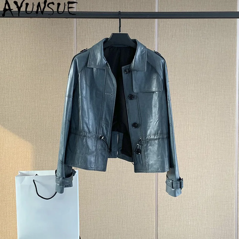 AYUNSUE 100% Genuine Sheepskin Jackets Woman Distressed Waxed Leather Jackets Woman Clothes Turn-down Collar 2025 Abrigo Mujer