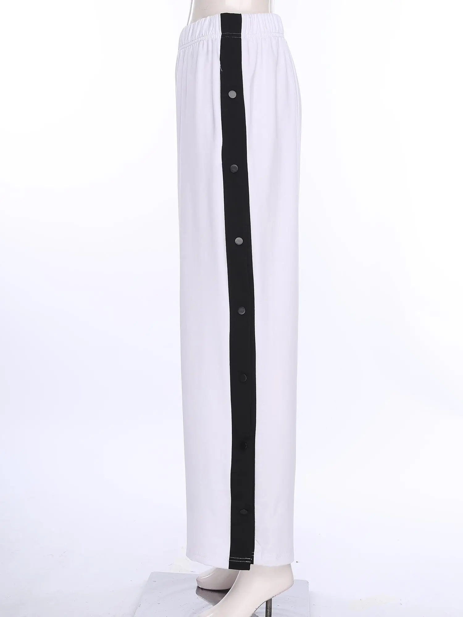 Women Color Block Wide Leg Sweatpants Tear Away Loose Long Pants Elastic Waist Side Pockets Side Pressing Buttons Pants