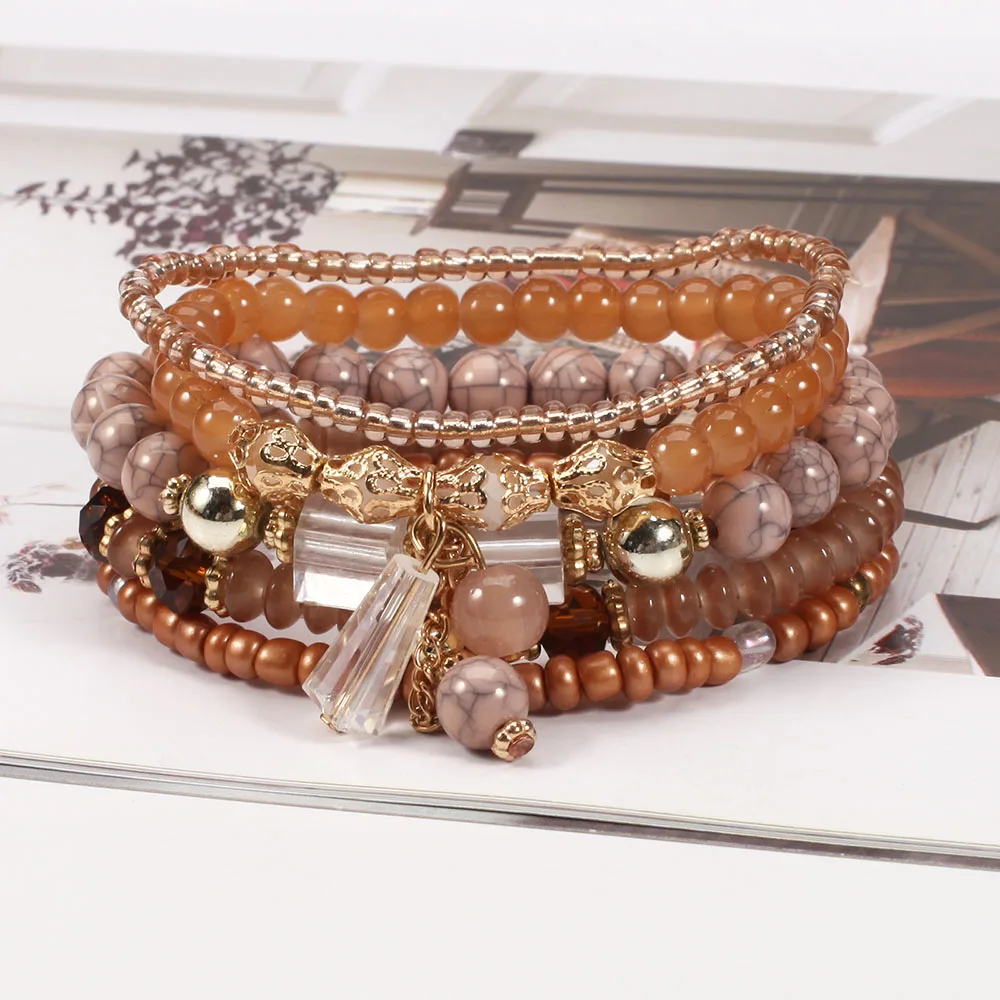 Boho Tassel Stackable Beaded Bracelet Set for Women Multi Layer Summer Vacation Wrist Chain Girl Bohemian Hand Jewelry Accessory - view 3