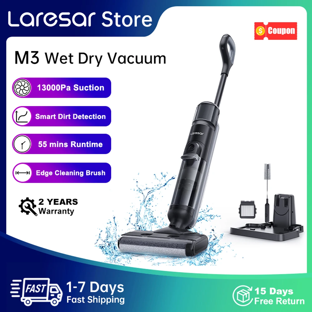 Laresar M3 Cordless Wet Dry Vacuum Cleaner Mop, Edge Cleaning 55min Auto Suction Floor Washer Self-Cleaning Smart Home Appliance