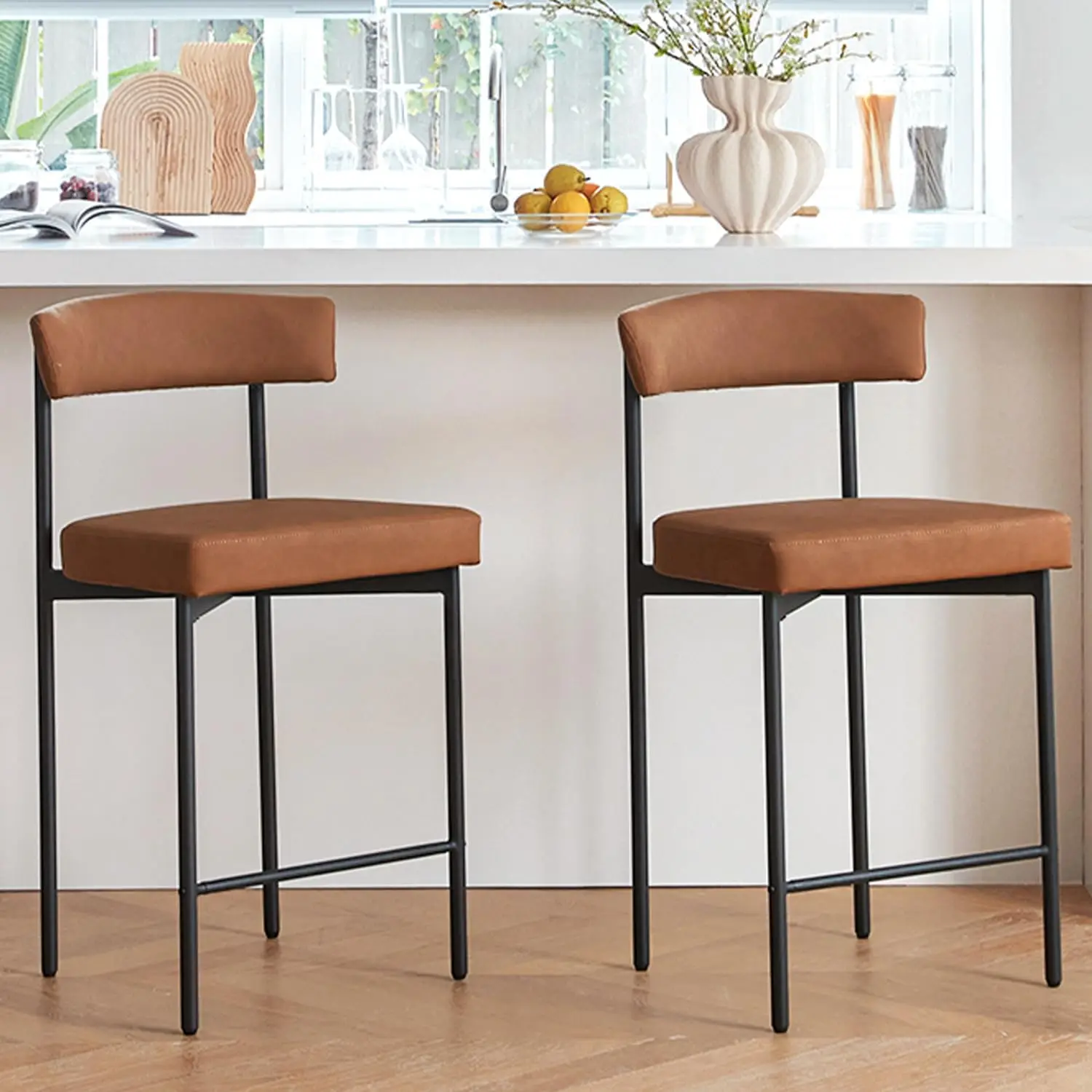 Brown Modern Bar Stools Set of 2, 24' Faux Leather Counter Stools with Curved Backrest