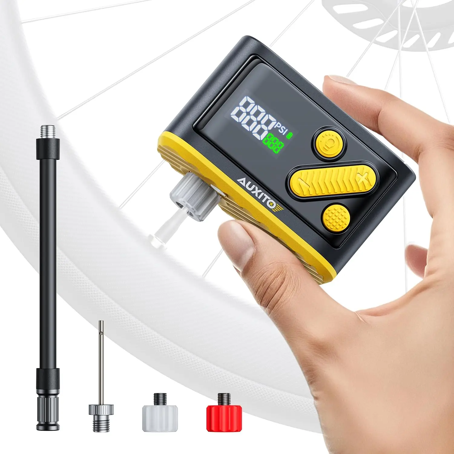 

Mini Electric Bike Pump with Gauge, 20s Fast Inflate, 120PSI, Presta/Schrader Adaptor, for Road & Mountain Bikes, E-Bike, Motorc