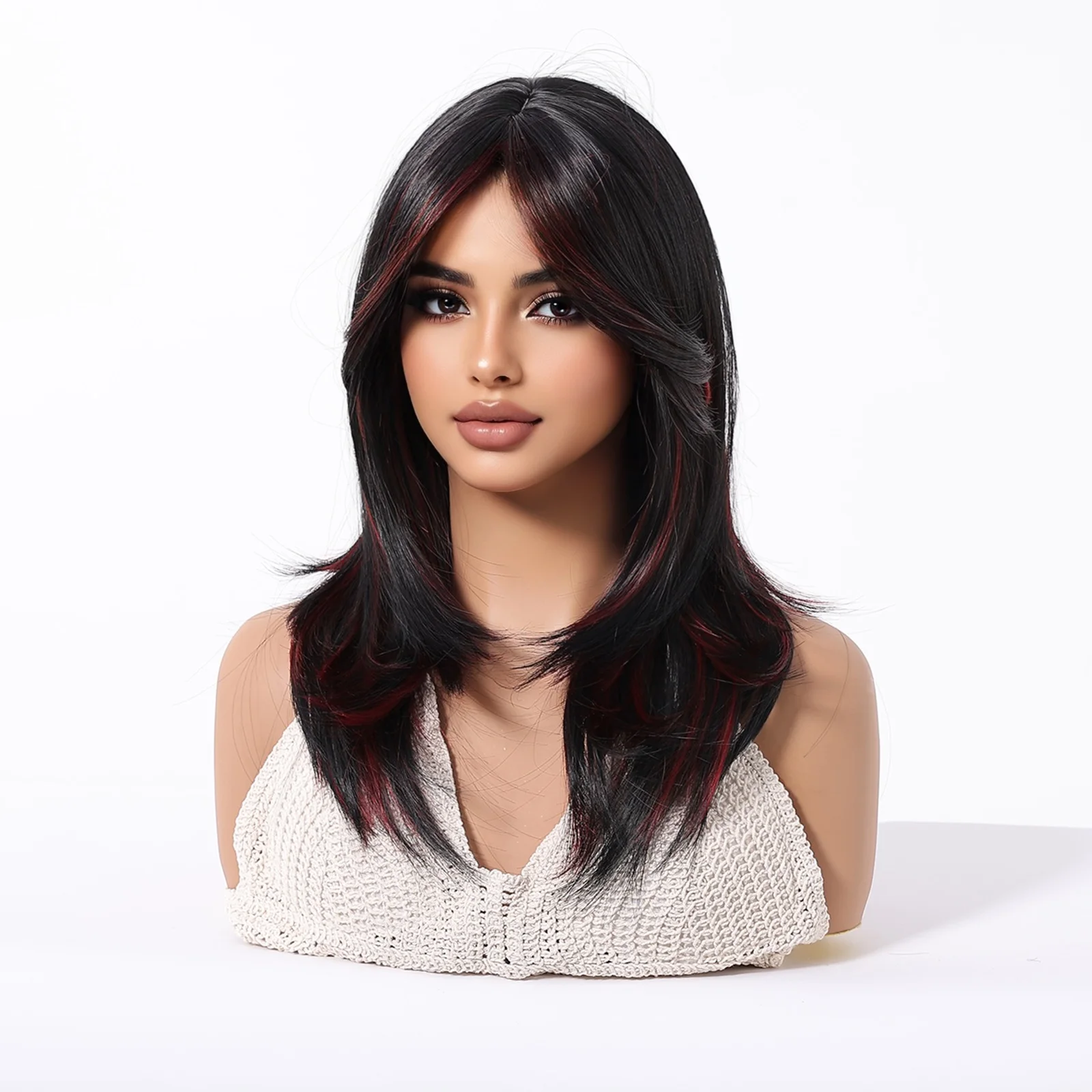วิกผมสีดำแดงไฮไลท์สำหรับผู้หญิง วิกผมแสกกลาง ความยาวปานกลาง วิกผมสังเคราะห์แบบมีเลเยอร์ สำหรับผู้หญิง ใช้ได้ทุกวันและคอสเพลย์