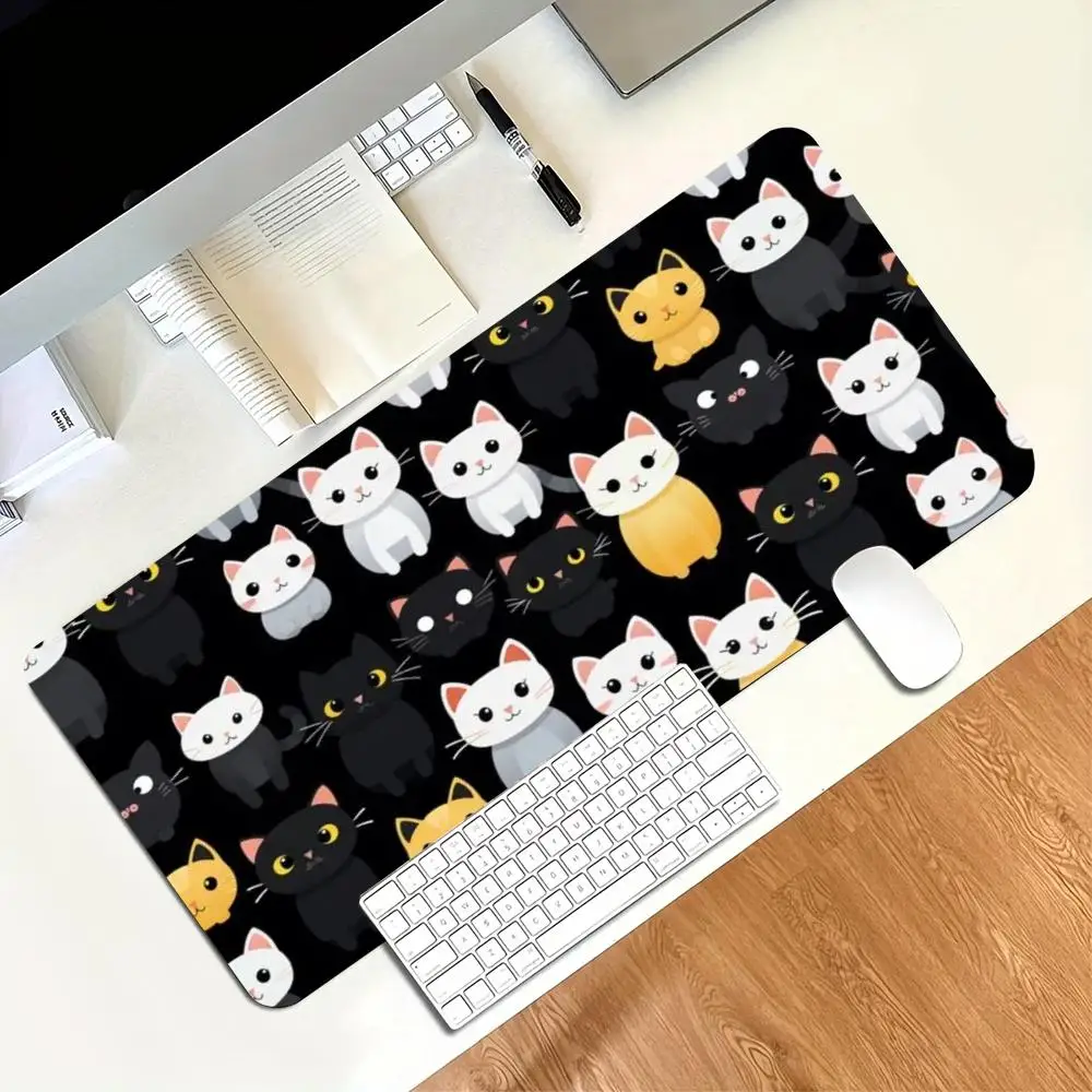 Black White Kitten Large Extended Gaming Mouse Pad Non Slip Desk Surface Cartoon Cat Print For Gaming And Office Workspace