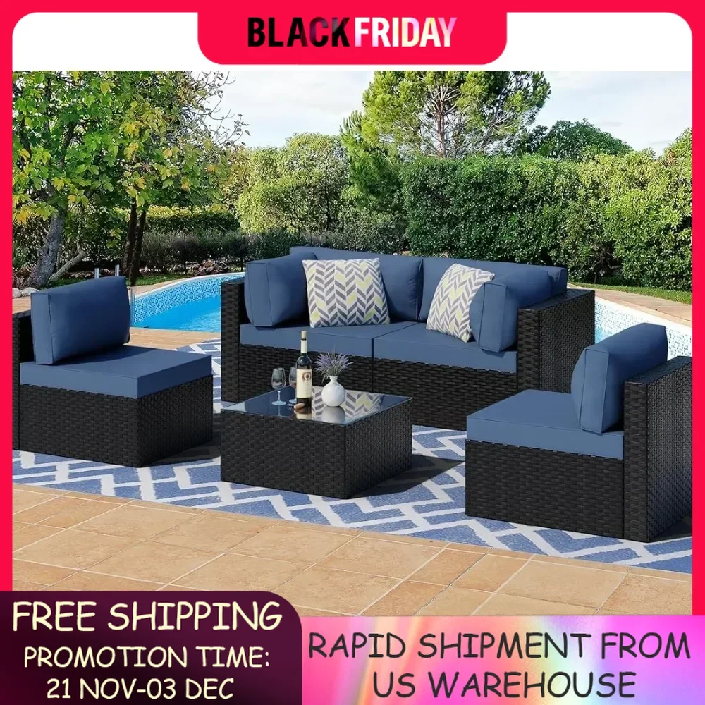 Outdoor Patio Sectional Sofa Couch,Black PE Wicker Furniture Sets, Patio Conversation Sets, Washable Cushions, 5 Pcs