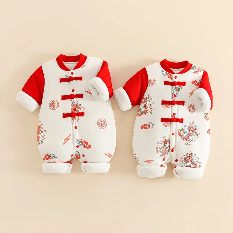 

Baby Jumpsuit New Year's Greeting Clothes Winter Cotton Hundred-day One-year-old Chinese Cheongsam Buttons Newborn Rompers