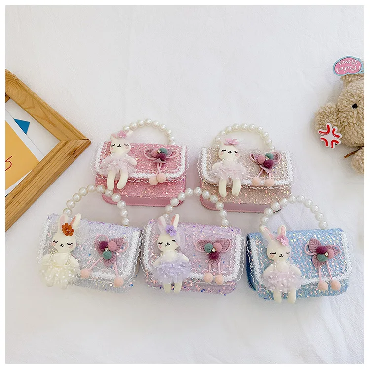 الكرتون الأرنب دمية الفتيات اللؤلؤ مقبض حقائب الكتف لطيف الأميرة صغيرة مربع حقائب اليد محفظة الأطفال سلسلة حقيبة كروسبودي