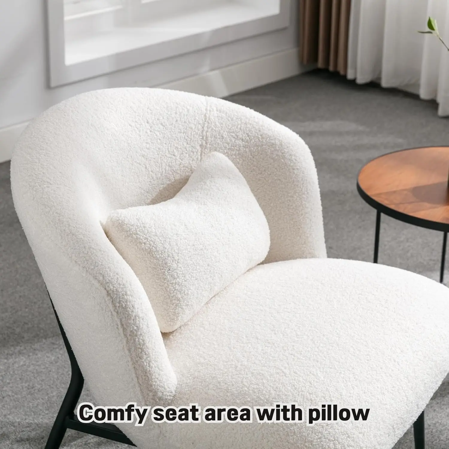 Boucle Single Sofa Chair Lounge Chair with Lumbar Pillow Metal Legs Slipper Chair for Living Room Bedroom Office, White