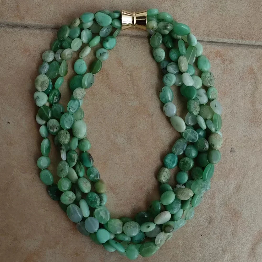 5 Rows Natural Green Chrysoprase Real Gems Stone Necklace Multi Strands Jewelry