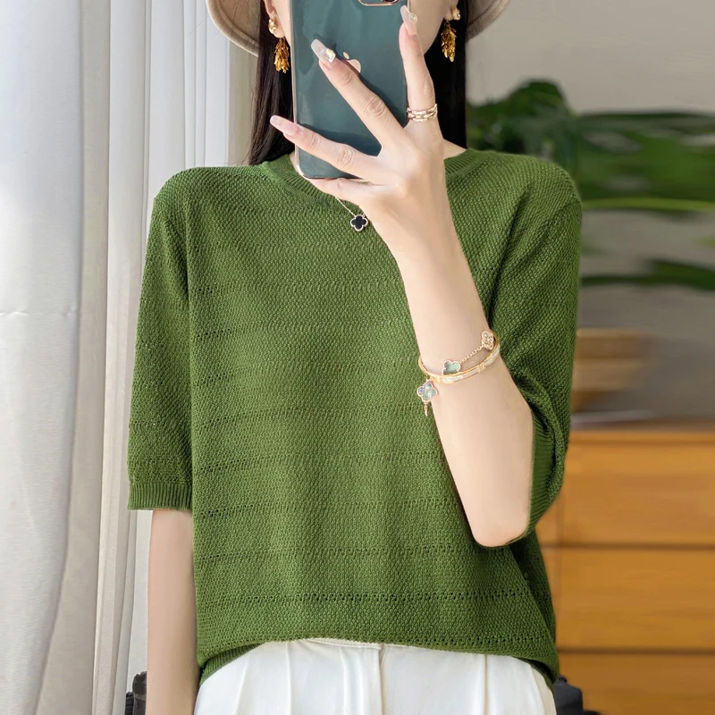 Summer New Lyocell Round Neck Solid Color Hollow Thin Knit T-shirt Solid Color Half Sleeve Loose Top