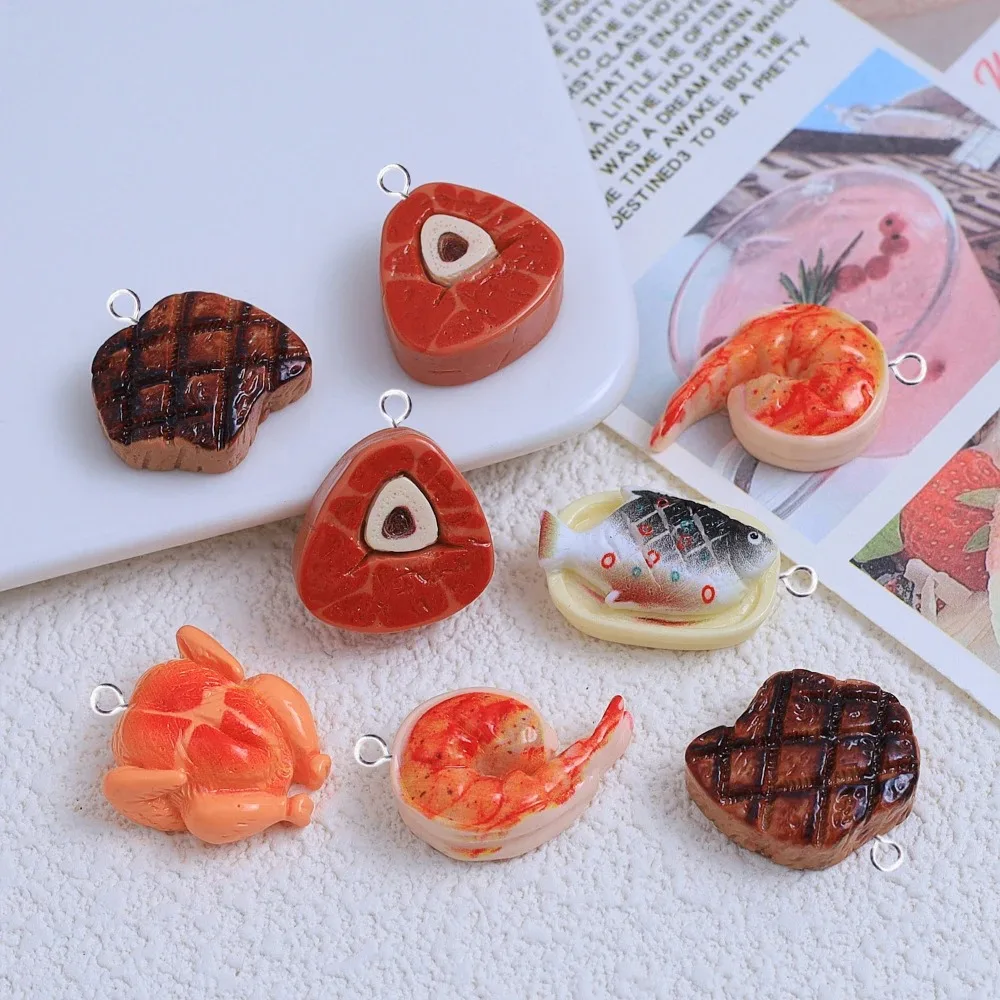 10 قطعة جميل الراتنج لحوم البقر شريحة لحم الدجاج المشوي دلايات لصنع المجوهرات النتائج الأسماك الروبيان الذيل المعلقات Charm بها بنفسك أقراط #1