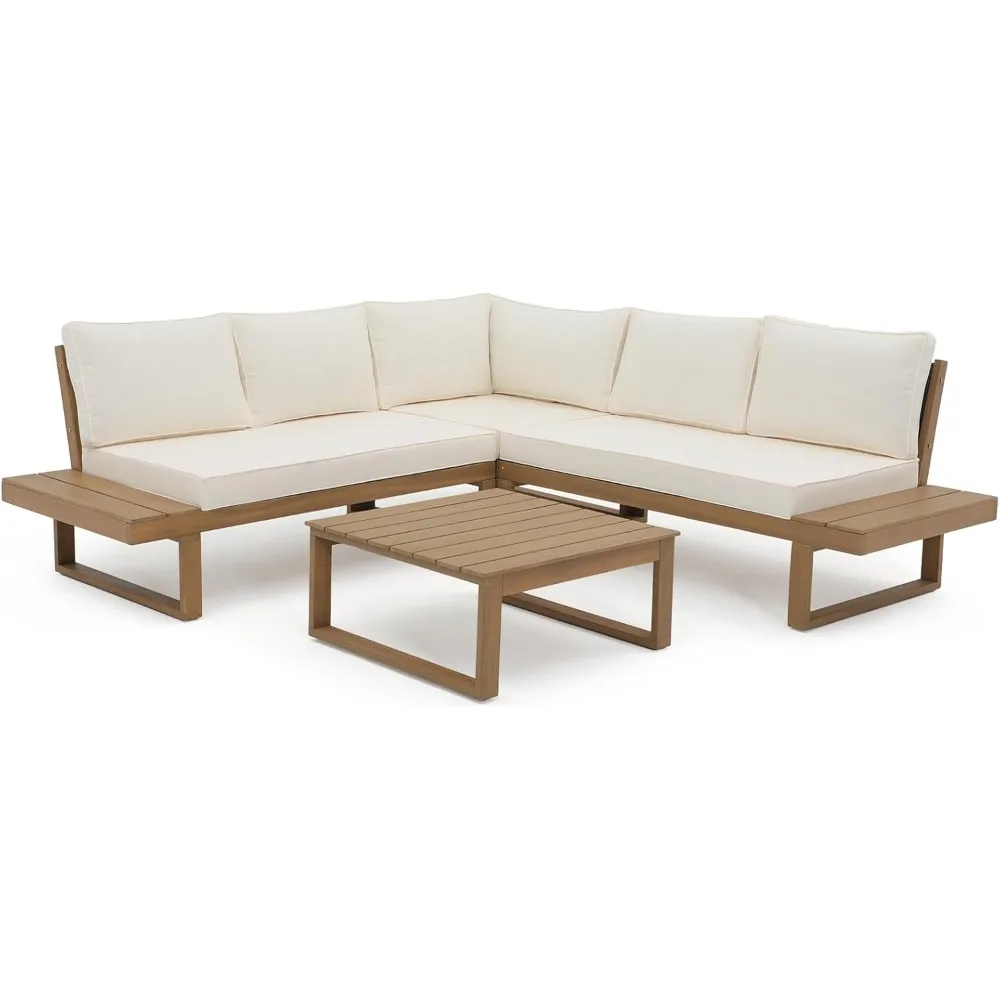 4 Piece Acacia Wood Patio Furniture L-Shaped Sectional Sofa Set with Coffee Table, Built-in Side Table and Cream White Cushions