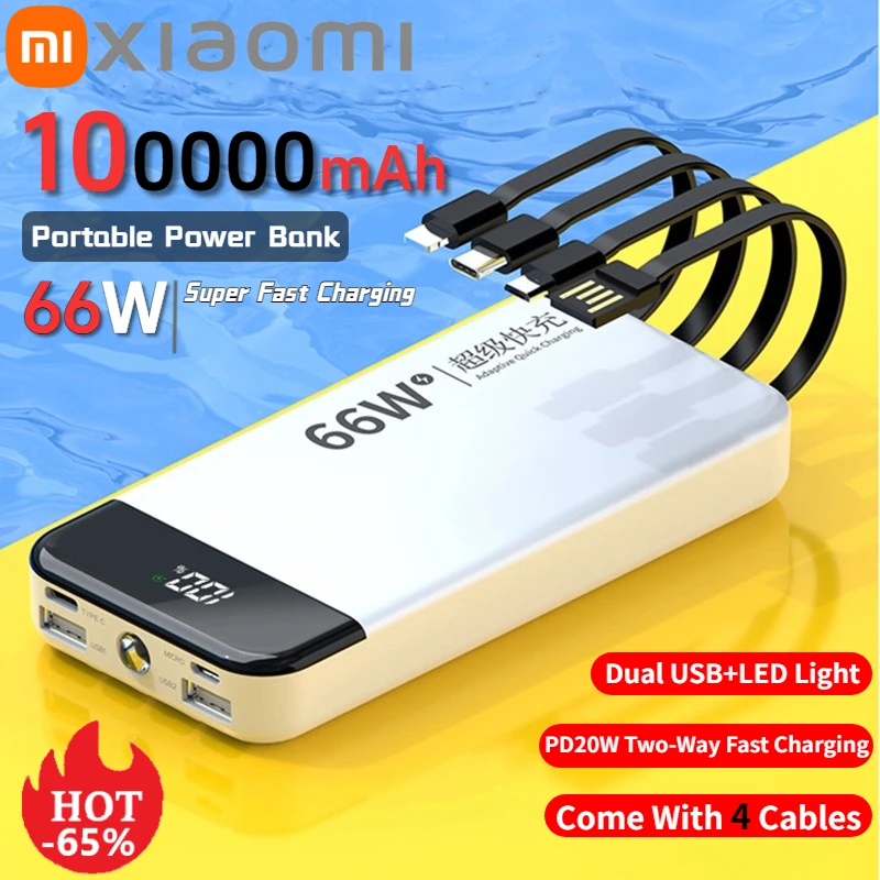 Xiaomi 100000mAh 66W Power Bank With Built-in Cable Fast Charging PowerBank Portable External Battery for iPhone Samsung Huawei