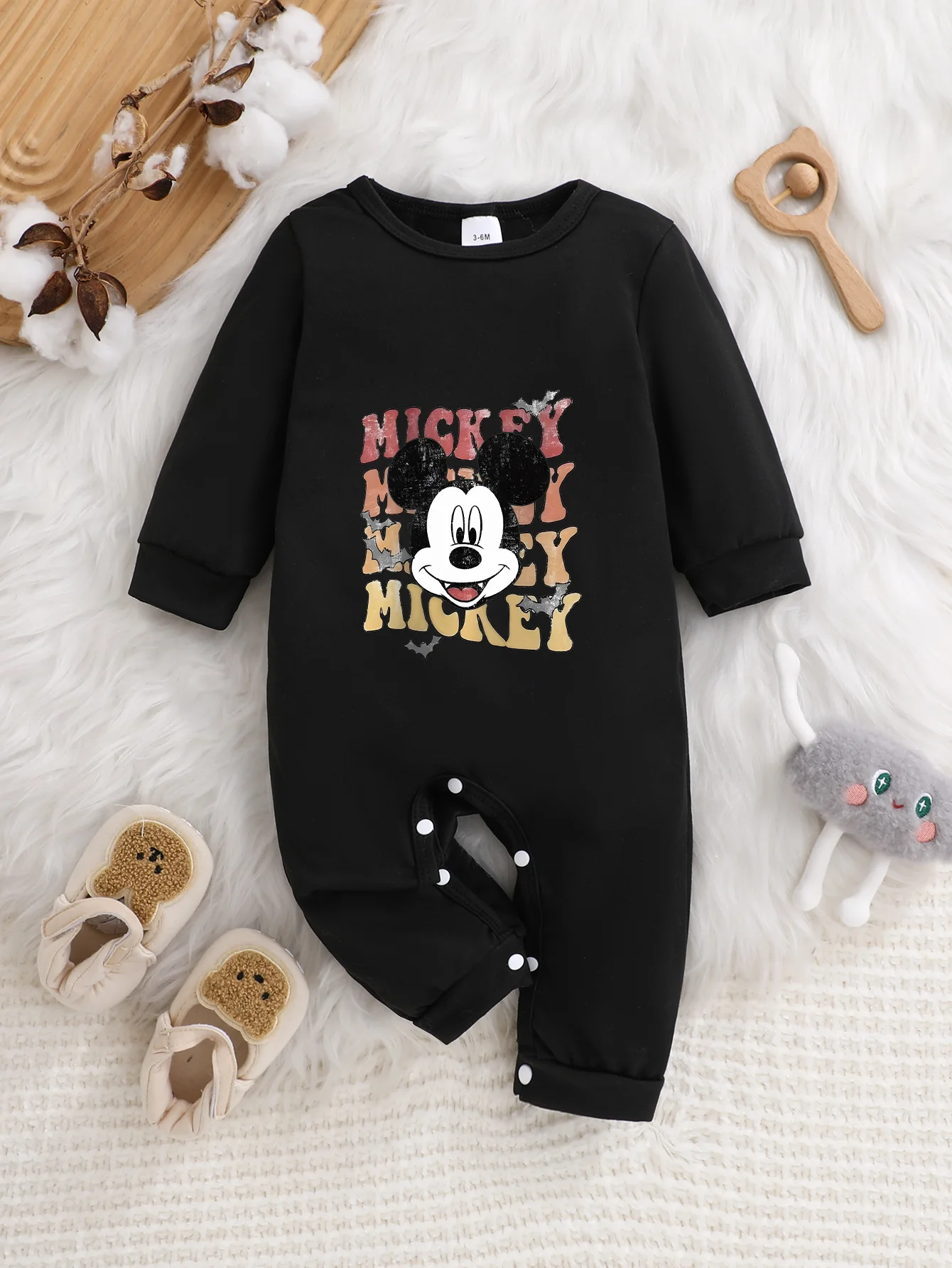 

【Официально лицензированный】 Детский комбинезон Disney Mickey | Удобный тканевый комбинезон с длинными рукавами и рисунком Микки в стиле ретро