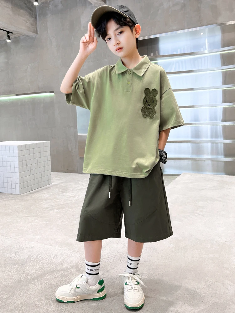 男の子用夏用半袖ファッショナブルセット-クールなポロシャツとショートパンツ-綿混素材-カジュアルスタイル-5～4歳のお子様向け