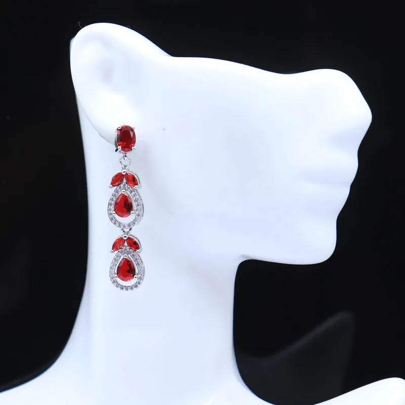 

Buy 5 Get 1 Free 44x9mm Princess Cut Red Blood Ruby Swiss Blue Topaz White CZ Ladies Engagement Silver Earrings