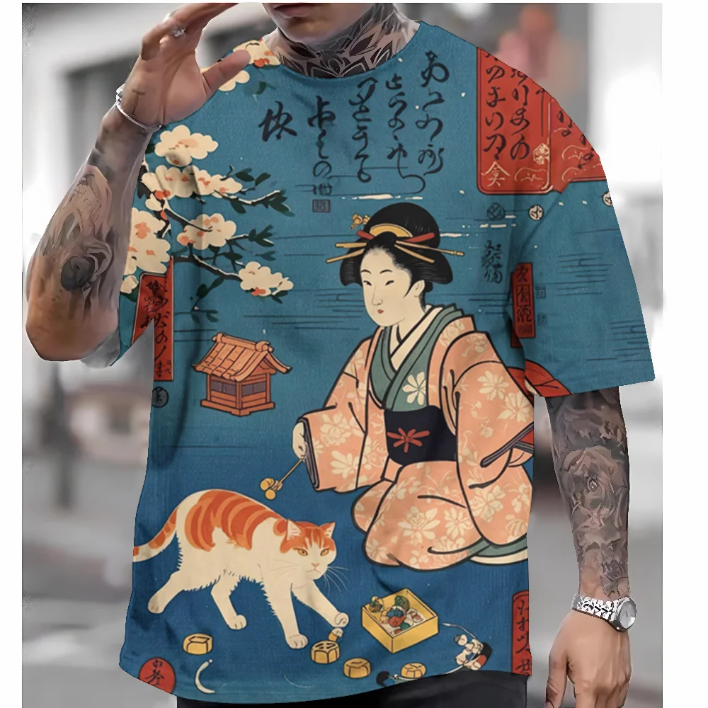 Men\'s T-Shirt Japanese Style Geisha Ukiyo-e Graphic 3D Printed Casual Short Sleeved Tee Outdoor Oversized Men Clothing Tops New