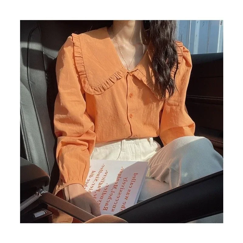 

Sweet Peter Pan Collar Shirt Women Vintage Long Sleeve Blouse Female Preppy Style Yellow Blue Loose Buttons Kawaii Tops Y2k 블라우스
