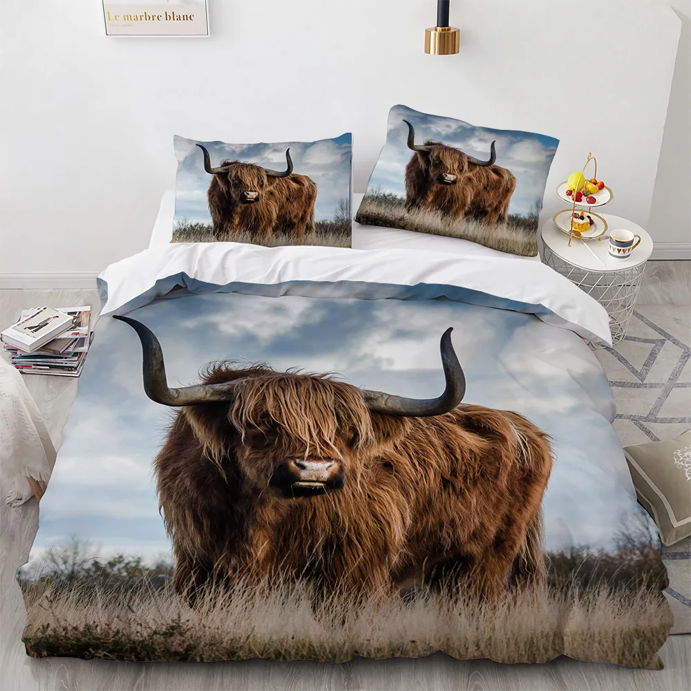 

Highland Cow Duvet Cover King/Queen Size,Farmhouse Animal Bull Bedding Set,Funny Cute Herbivores Quilt Cover for Kids Boys Girls