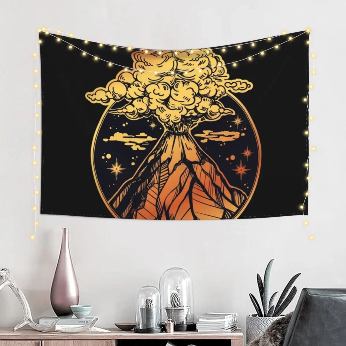 Volcano Erupting in Gold & Black Tapestry Wall Hangings Decoration Room Decor Aesthetic Nordic Home Decor Tapestry