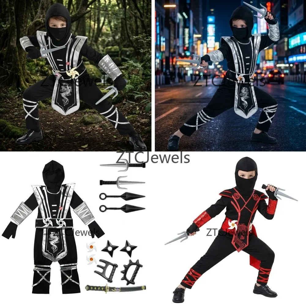 

Cosplay Silver Dragon Ninja Costume Masked Warrior Outfit Halloween Anime Roleplay Party Performance Costume for Kids