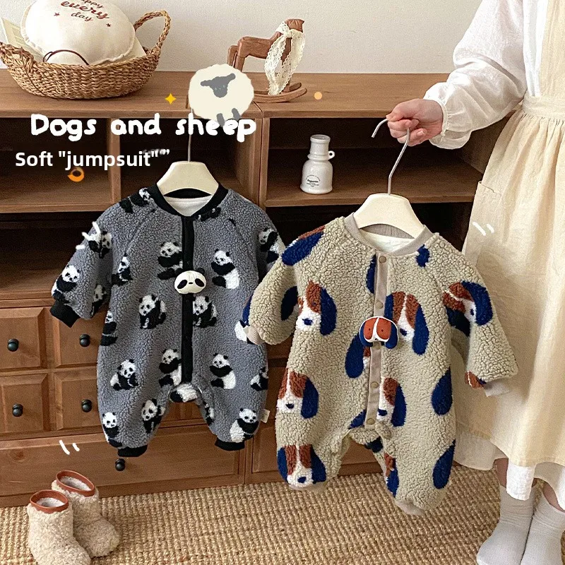 

Baby Cartoon Jumpsuit 2025 New Winter Boys' Plush Thick Dog Panda Crawling Suit Newborn Clothes