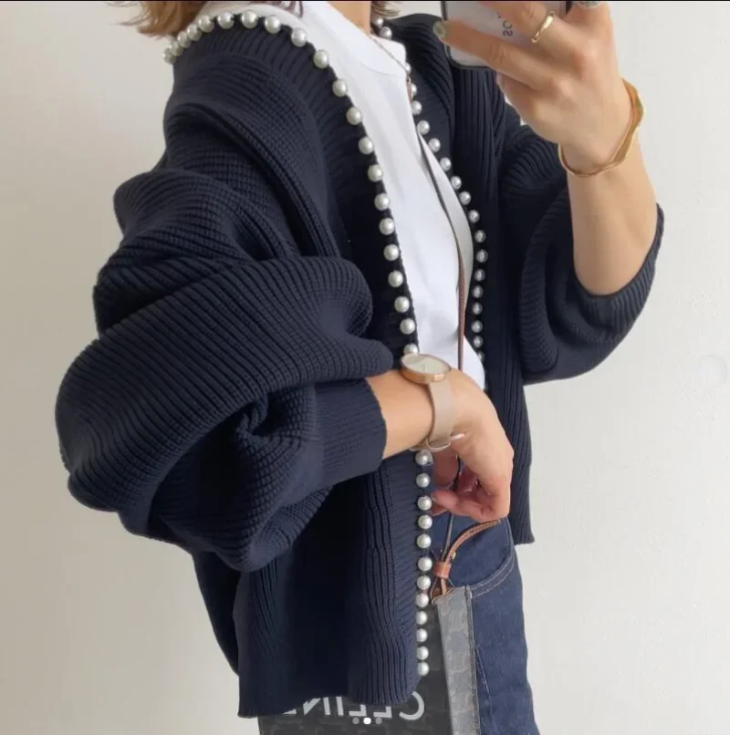 V Neck Long Sleeve Cardigan Femme Chic Exquisite Pearl Patchwork Sweaters Spring Winter Clothes Women Japanese Elegant Coats