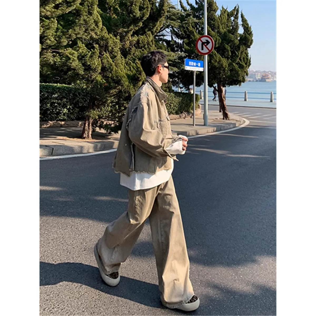 

Retro Waed Denim Jaet And Wide Leg Jeans Men's Casual Sport Suit Loose Fit Spring Autumn New Sle Cotton Fabric Coat
