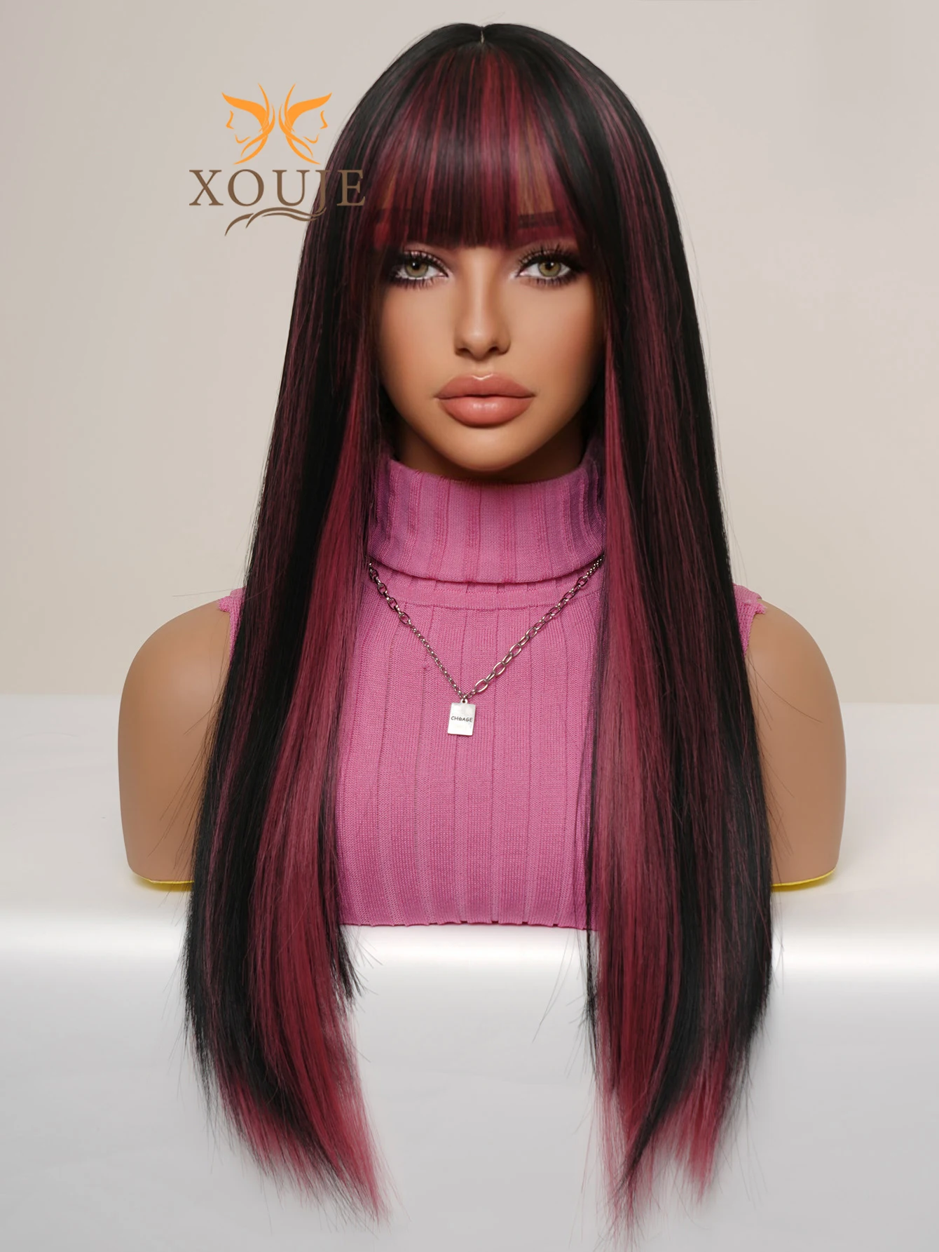 XOUJE Long straight hair black mixed pink synthetic fiber wig with bangs for attractive women suitable for daily cosplay use