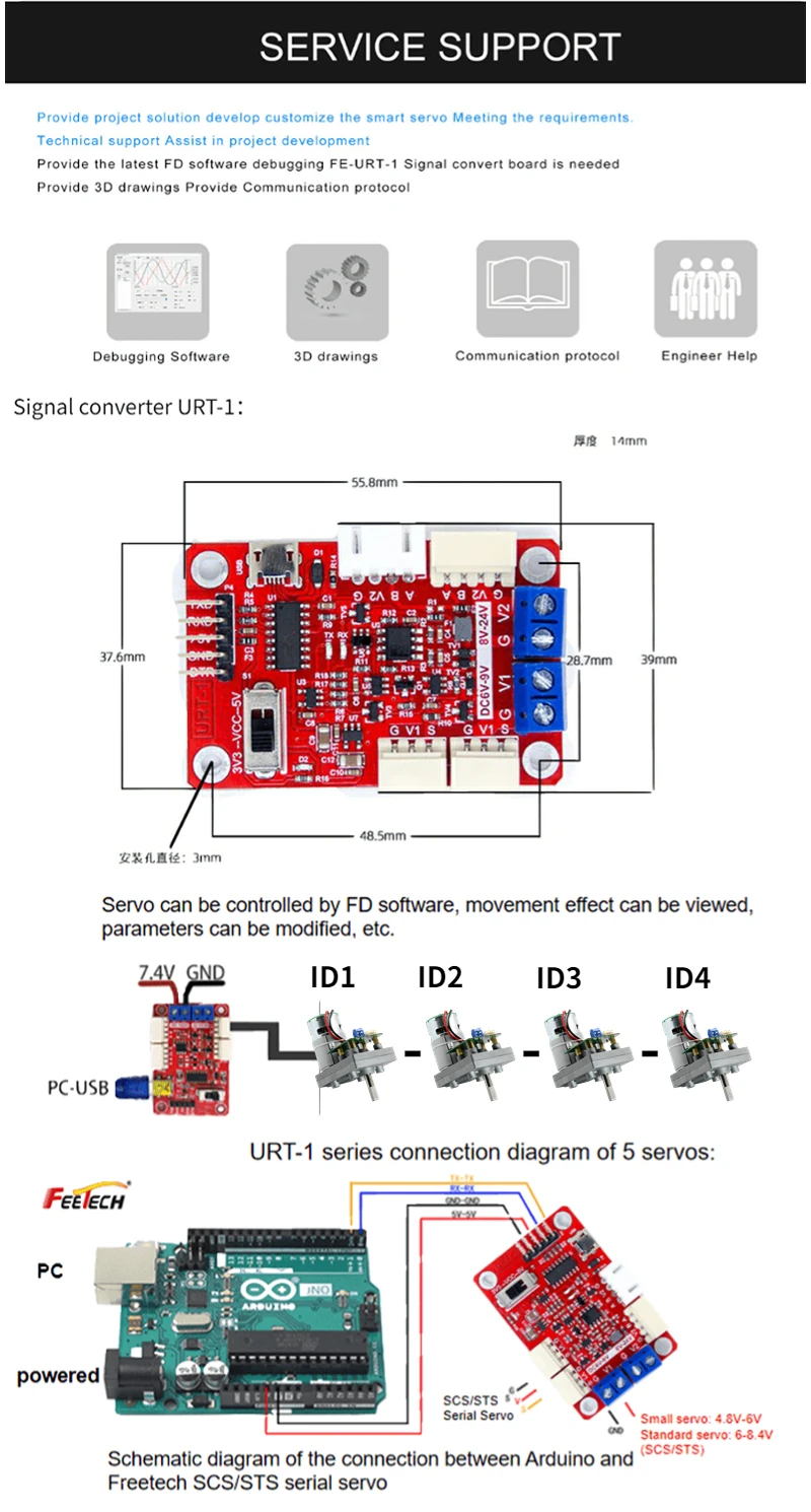 Multi Function Serial Port signal Converter USB/URAT to SMS (RS485) &SCS (TTL) Feetech Servo Controller