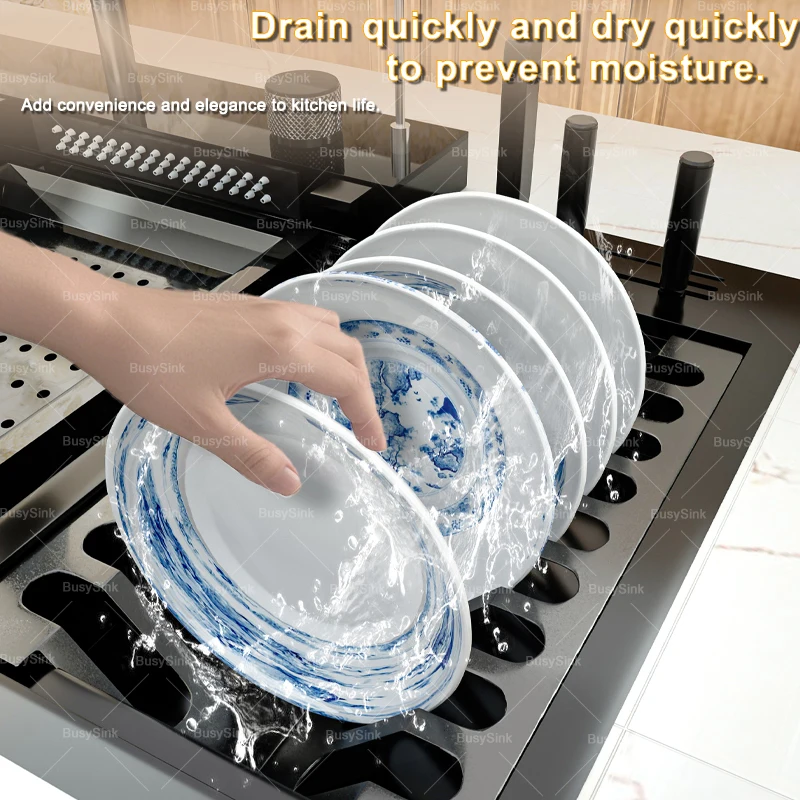 Roestvrij staal nieuwe waterval aanrecht digitale display afwasbakken met afdruiprek reliëf extra grote enkele sleuf