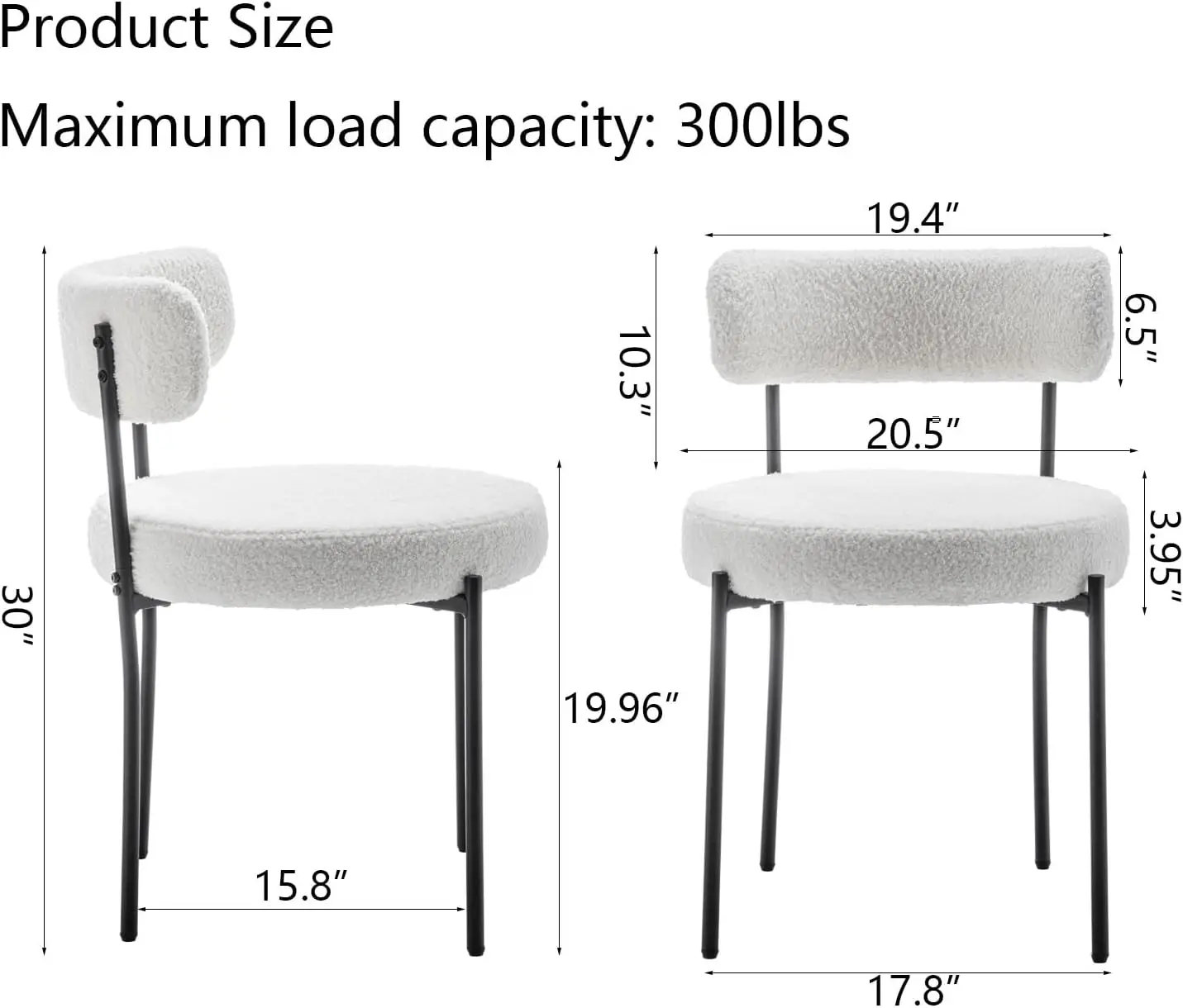 White Boucle Dining Chairs Set Of 4, Upholstered Dining Room Chairs With Black Metal Legs, Round Modern Dining Chair For Dining