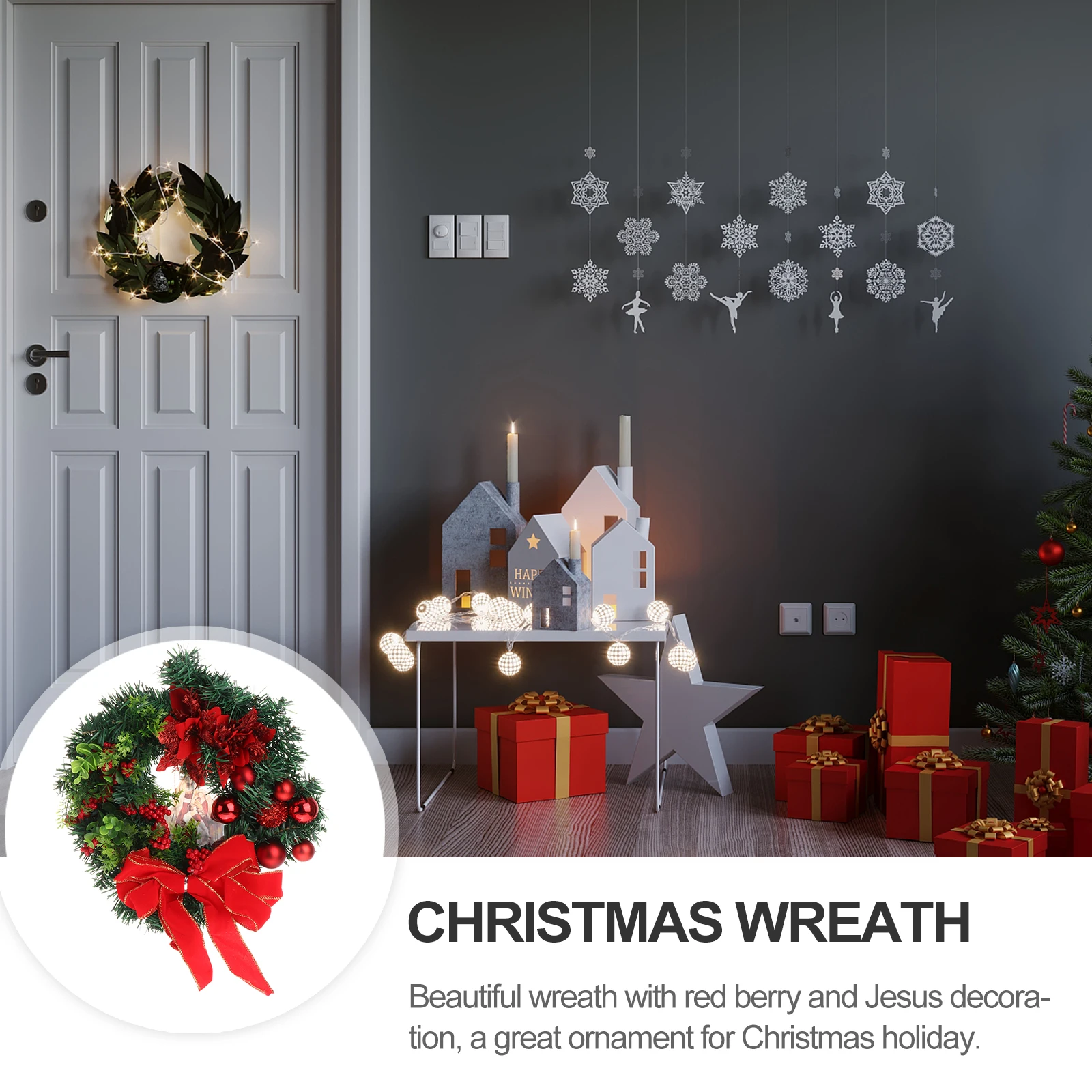

Christmas Wreath Jesus Decor Front Door Home Holiday Supplies Red Berry Xmas Props Artificial Decorations Plastic Layout