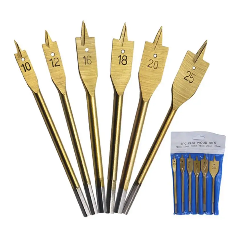 6PCS Titanium Coating Hex Shank Spade Bits Set Flat Boring Bit Wood Drill Bit Power Tools