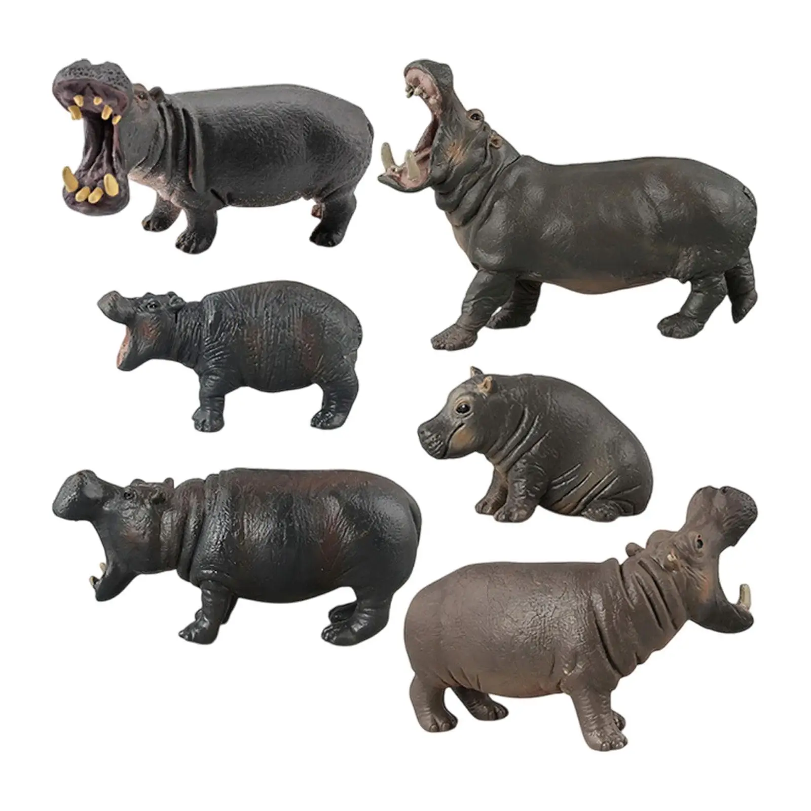 6x Hippo Figurki Zwierzęta Zabawki Figurka Ręcznie Malowana Zabawka Realistyczny Solidny Hipopotam Model Statuetka dla Dzieci Przedszkole Prezent Urodzinowy