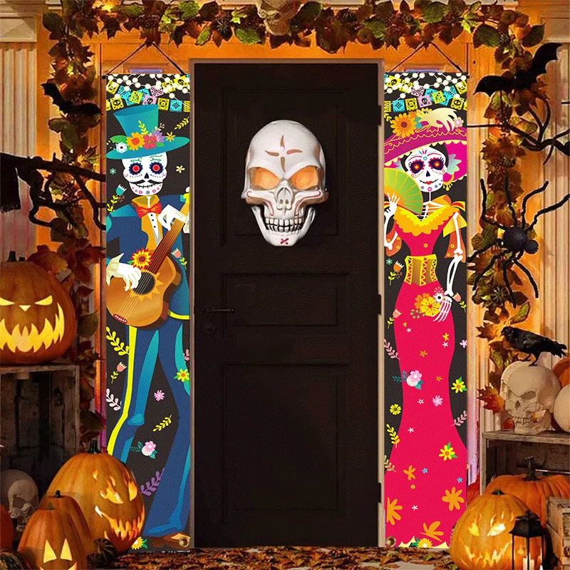 

Mexican Day Of The Dead Porch Sign Halloween Hanging Decora Couplet Scary Banner Curtain Dia De Los Muertos Wall Flag Supplies