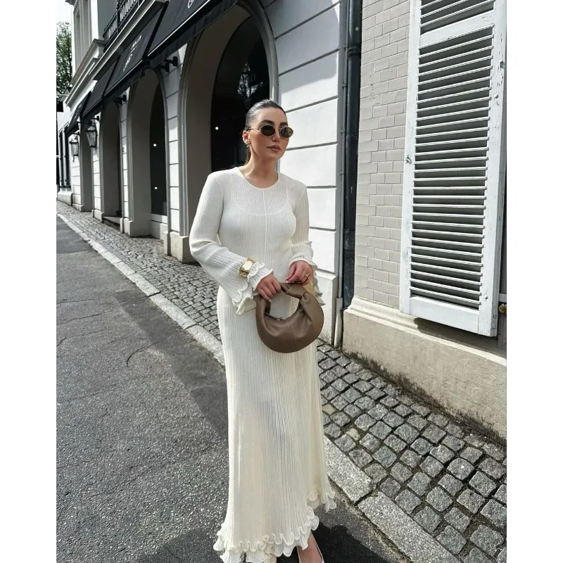 

Autumn 2024 New European and American Solid Color Elegant Round Neck Long Sleeve Slim Fit Dress Women