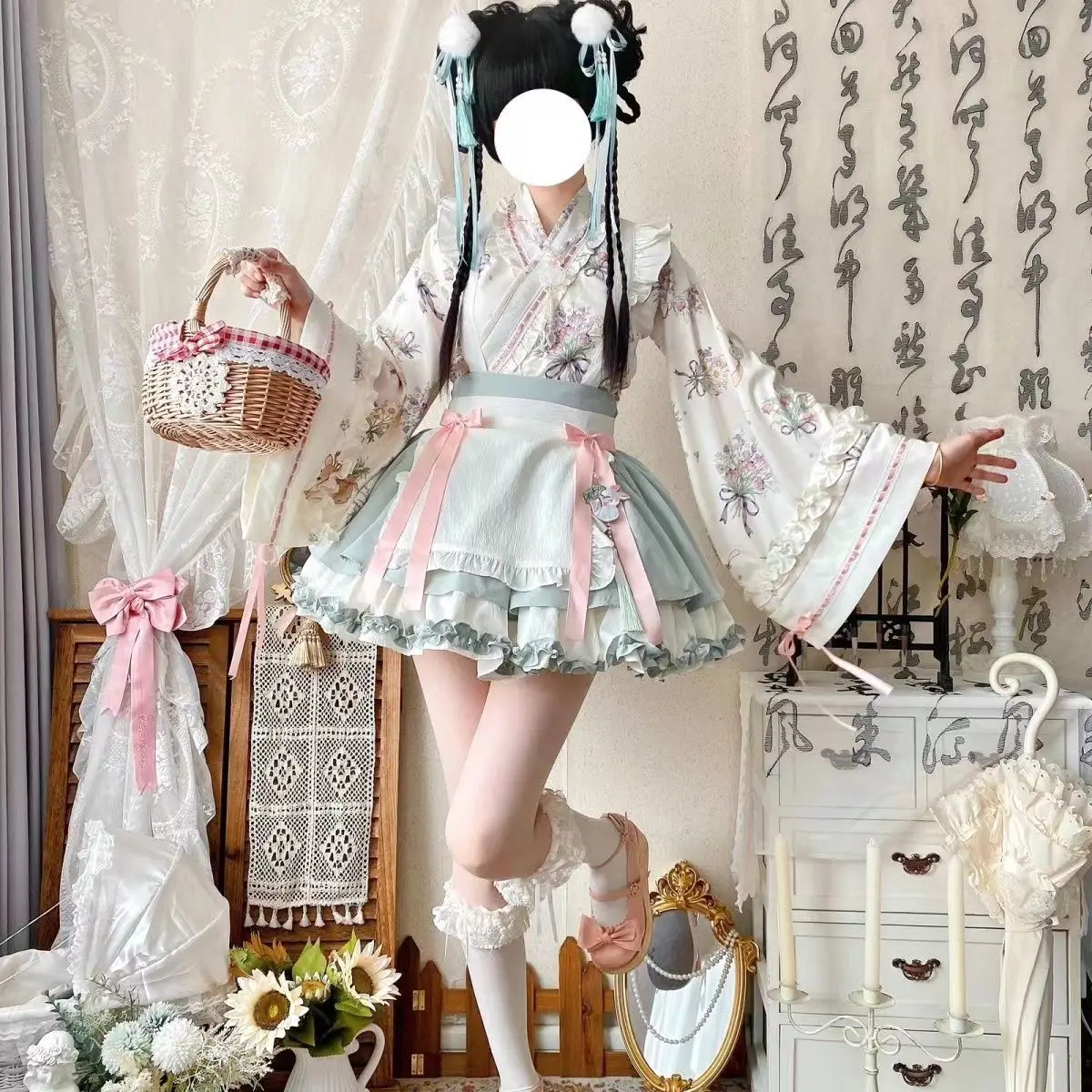 Verbeterde Chinese Stijl Roze Groene Kruiskraag Grote Mouwen Lolita Jurk Meid Outfit Vrouwelijke Herfst Carnaval Cospaly Kostuums