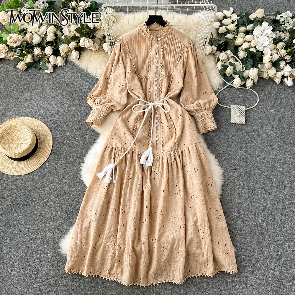 

TWOTWINSTYLE Embroidery Spliced Lace Up Dress For Women Stand Collar Lantern Sleeve High Waist Elegant Dresses Female KDR518074