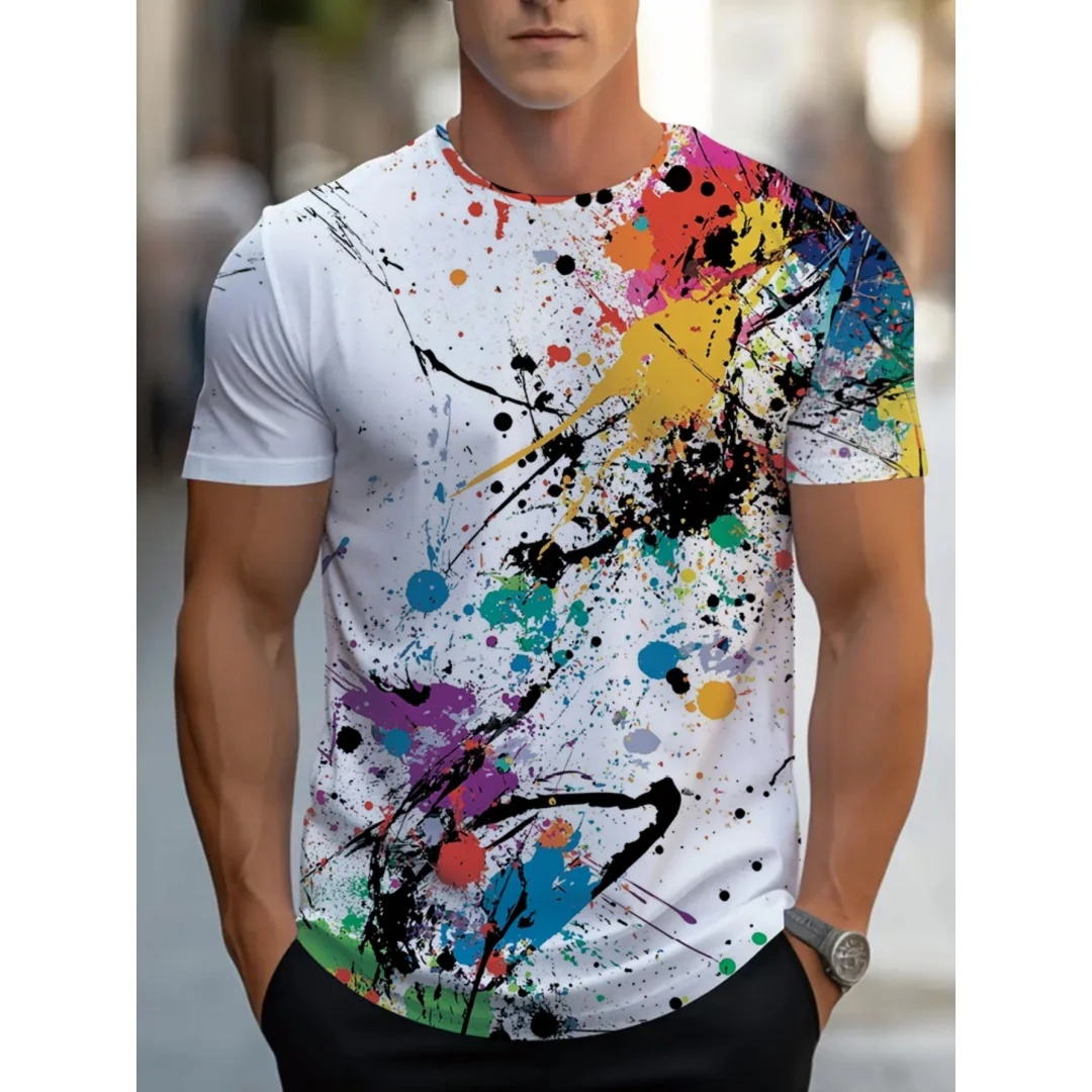 

Мужская футболка с принтом в виде разбрызганных чернил и красочным абстрактным рисунком, с короткими рукавами, подходит для уличного отдыха, повседневной носки и занятий спортом.