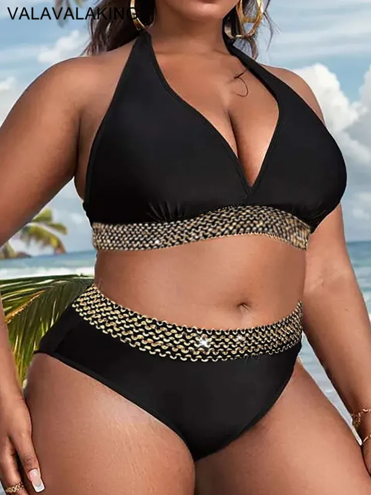 2025 Czarny 2-częściowy zestaw bikini Plus Size Kobiety Wiązany Halter Duży kostium kąpielowy Wysoka talia Lady Stroje kąpielowe Chubby Curvy Strój