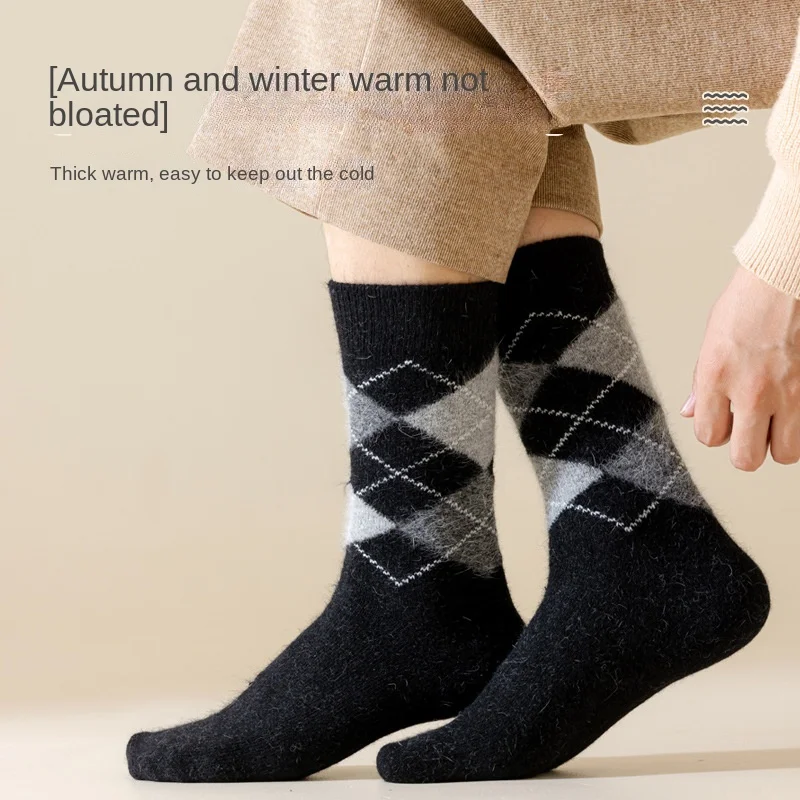 Sock Leisure Athletic Sports Crew Dress Rabbit Fur Cashmere Fleece Retro Checkered Thickened Warm Winter Extended Men B8W139