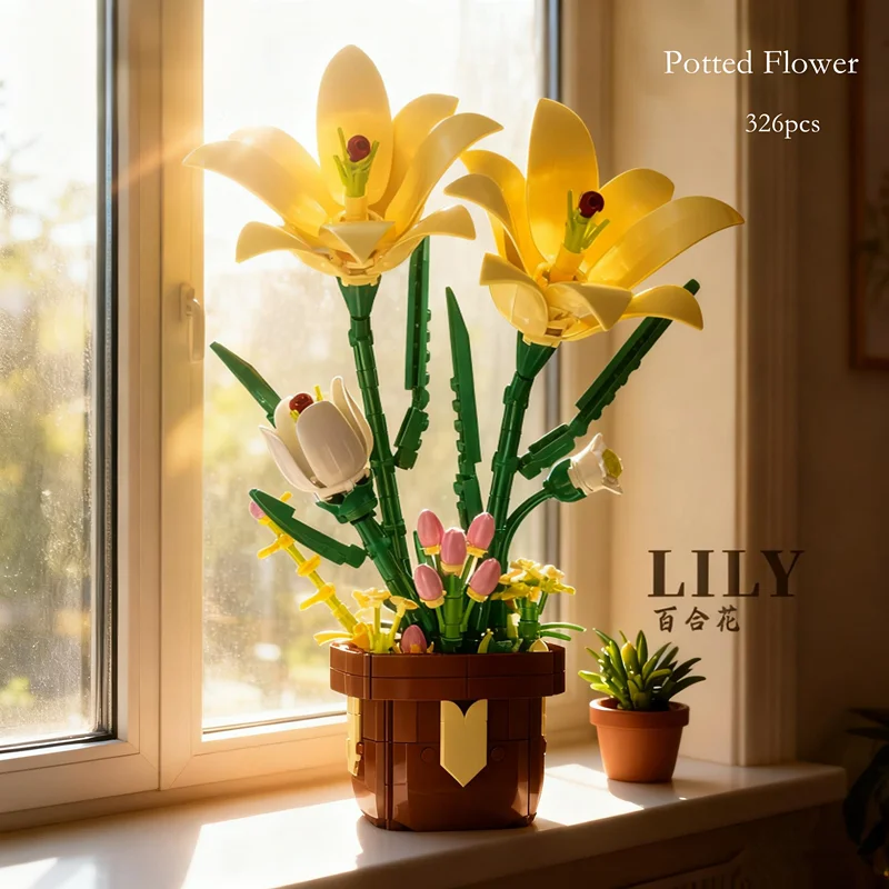 Set di blocchi di costruzione per piante in vaso fai-da-te Girasole Rosa Orchidea Fiore di giglio Modello Puzzle Set di giocattoli Regali di compleanno di Natale di Capodanno